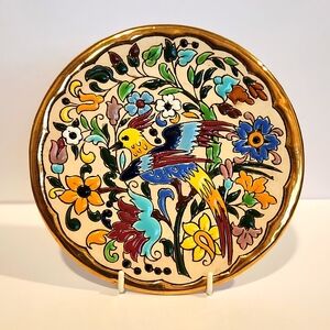 Ceramics Sevilla Parrot and Floral Plate Wall Art - Spain 24k and Enamel